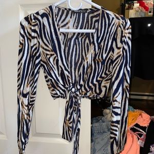 Zebra Self Tie Cropped Top